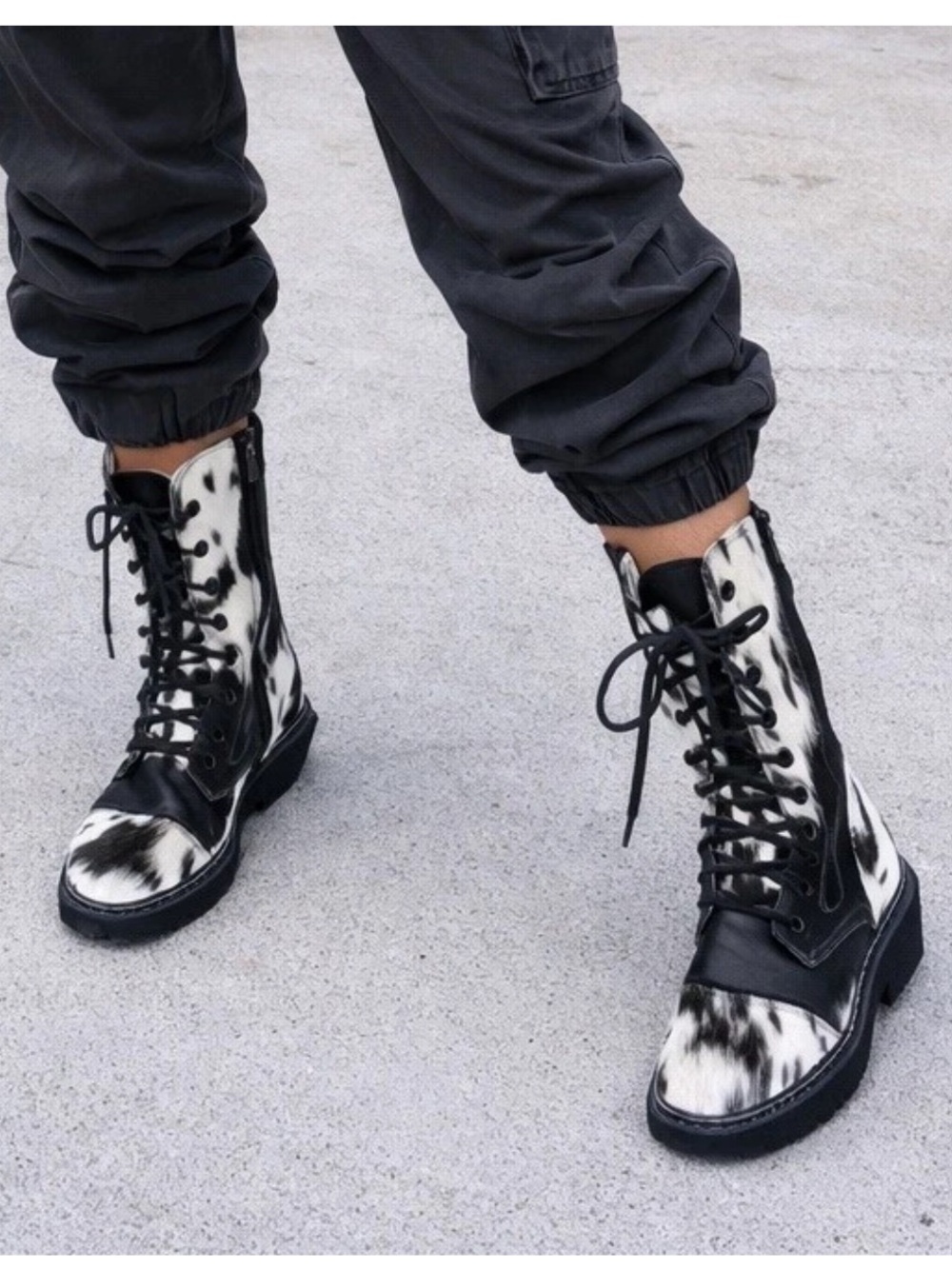 NWOB Myra Black & White Fervence Hair On Pony Animal Print Lace-Up Combat Boots